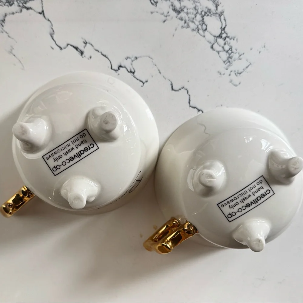 Creative Co-op Stoneware Bourbon + Gin 3 Footed w Gold Handle Tea Cup set of 2 - Picture 7 of 7